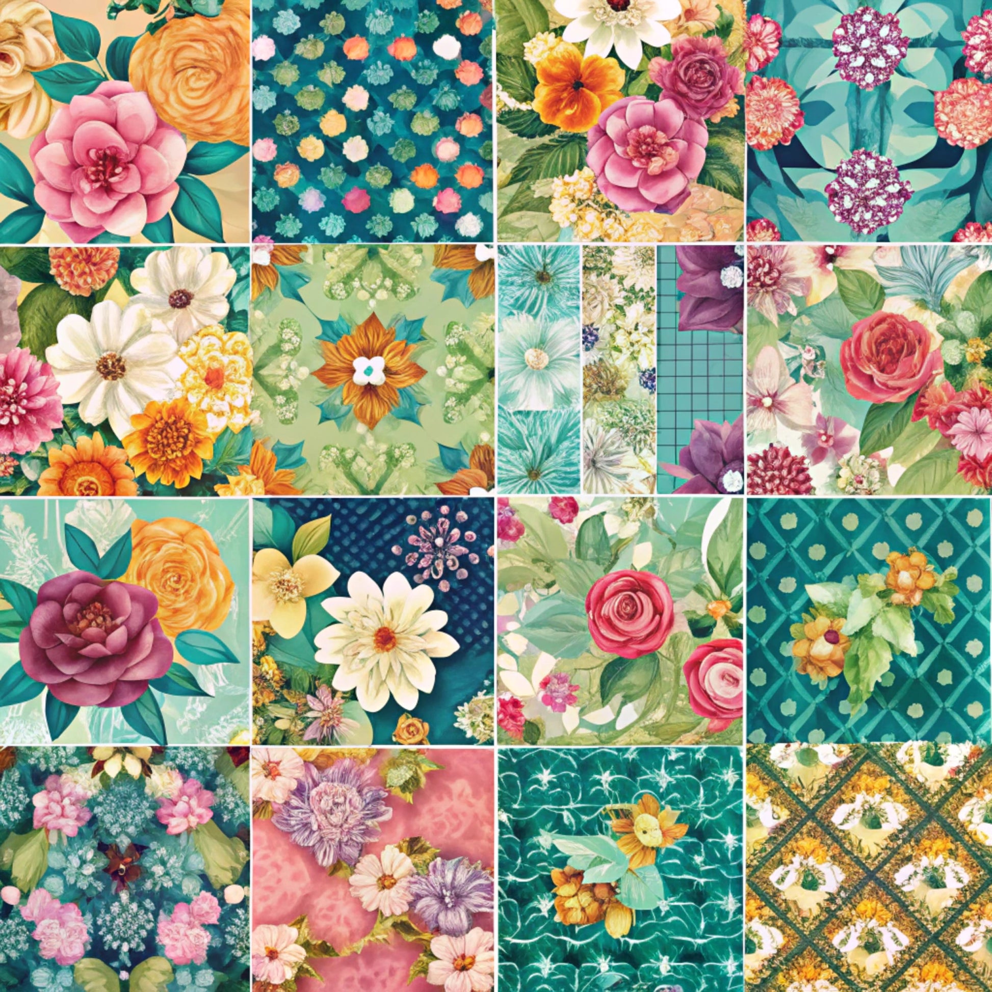 spring flowers, floral patterns, patchwork blocks, quilting cotton, fabric panel, roses, dahlias, geometric designs, teal background, pink blooms, orange flowers, yellow blossoms, purple florals, green foliage, polka dots, vintage style, botanical motifs, coordinated prints, cotton fabric, quilt squares