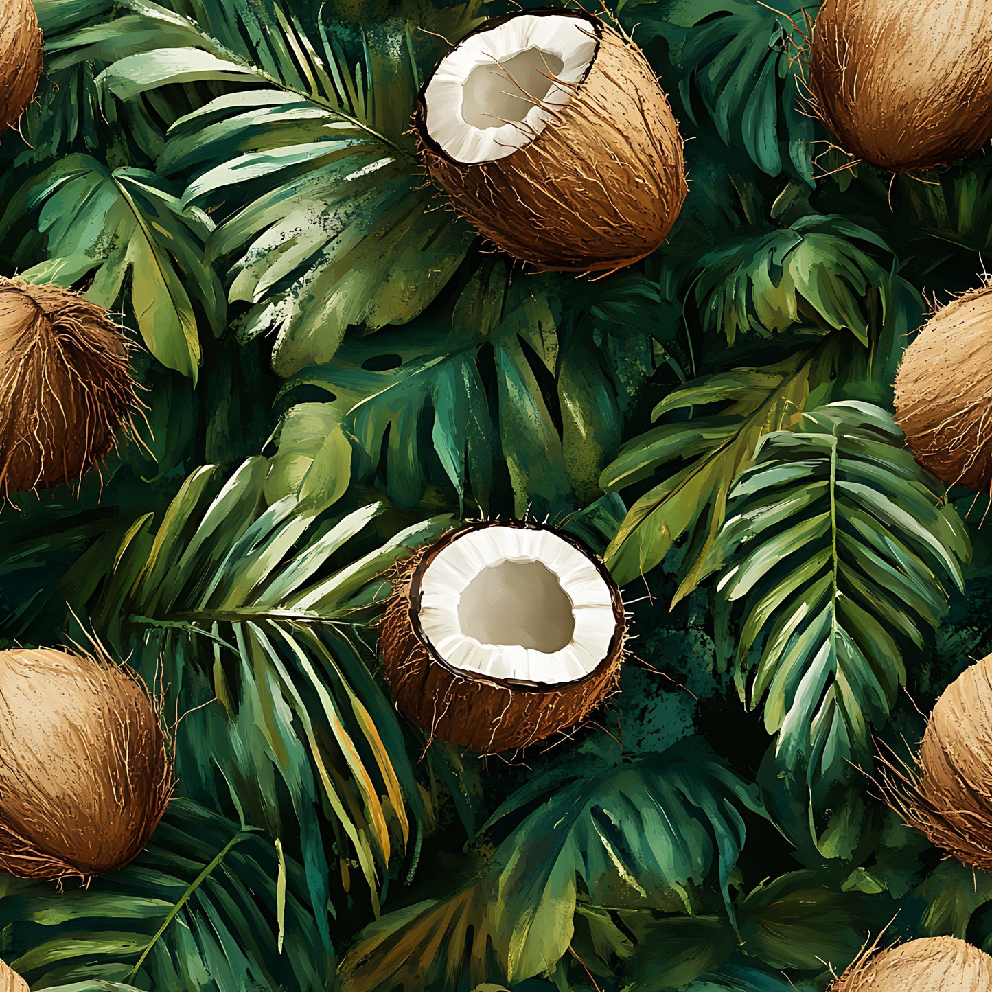 coconut pattern, tropical leaves, jungle foliage, green leaves, brown coconuts, white coconut meat, palm fronds, monstera leaves, botanical design, tropical theme, quilting cotton, fabric panel, lush greenery, exotic fruits, island vibes, summer motif, natural elements, tropical paradise, vibrant greens, coconut halves