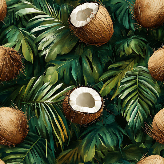 coconut pattern, tropical leaves, jungle foliage, green leaves, brown coconuts, white coconut meat, palm fronds, monstera leaves, botanical design, tropical theme, quilting cotton, fabric panel, lush greenery, exotic fruits, island vibes, summer motif, natural elements, tropical paradise, vibrant greens, coconut halves