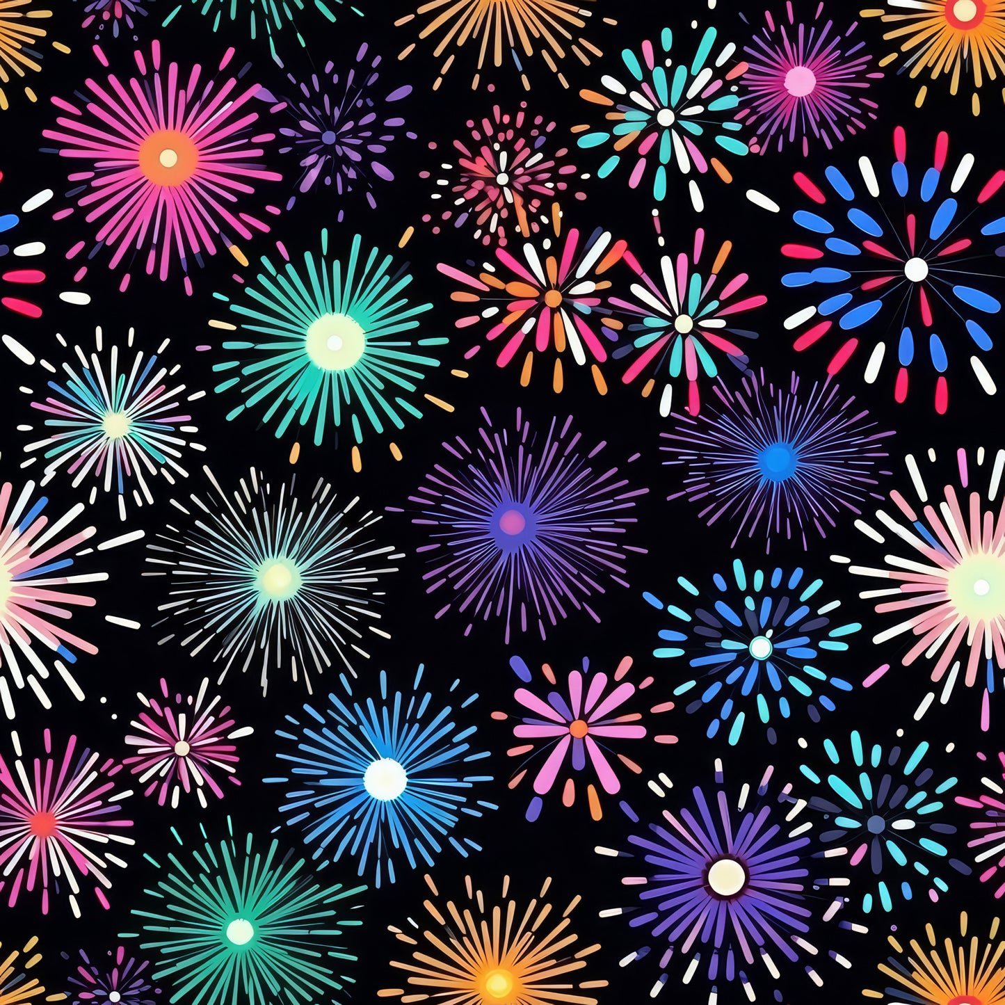 fireworks, bursts, starburst, radiating lines, pink, purple, blue, turquoise, orange, white, black background, celebration, festive, night sky, explosive pattern, quilting cotton, fabric panel, bright colors, geometric radiating, party theme