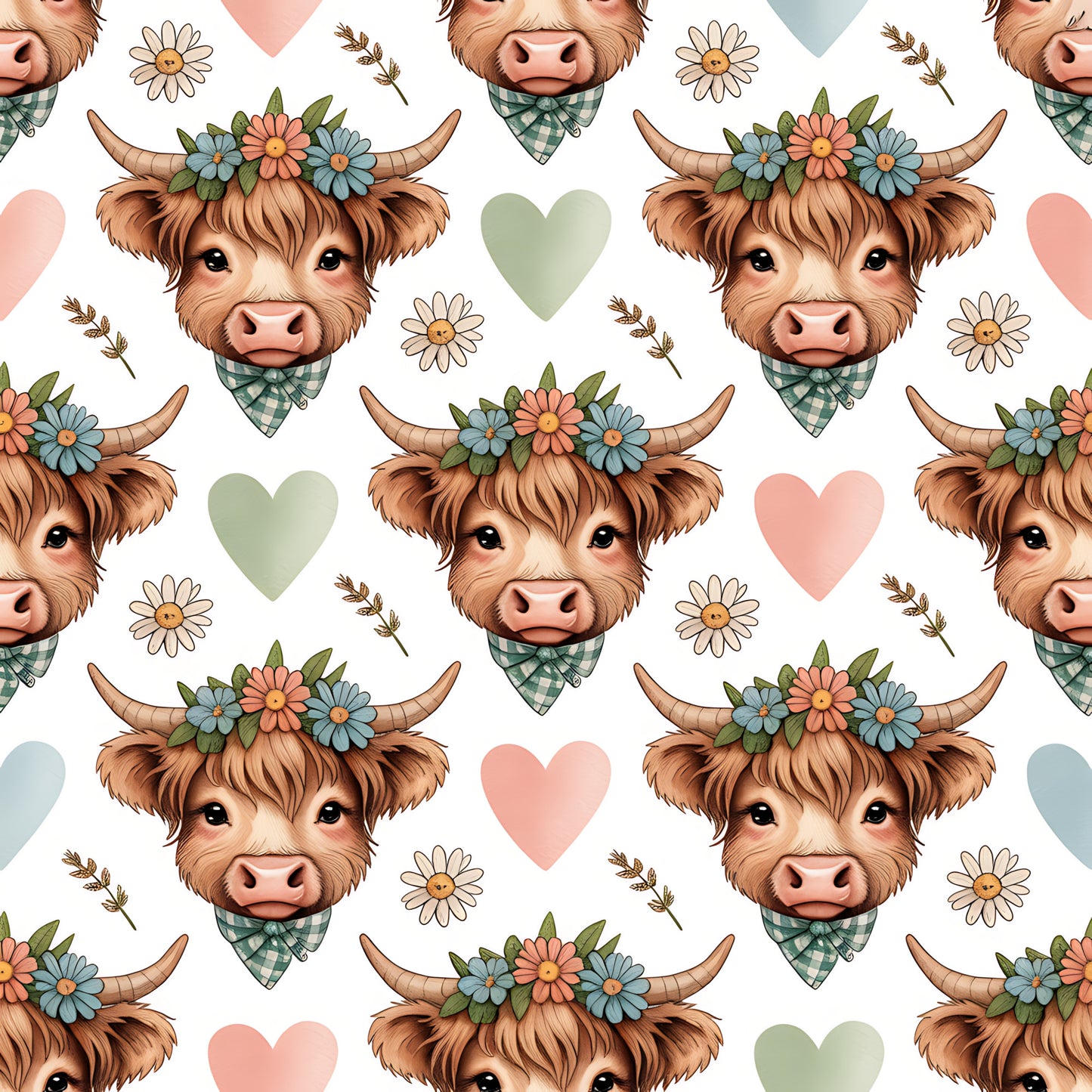 Highland Cow Heads Pattern 7 Quilting Cotton Fabric