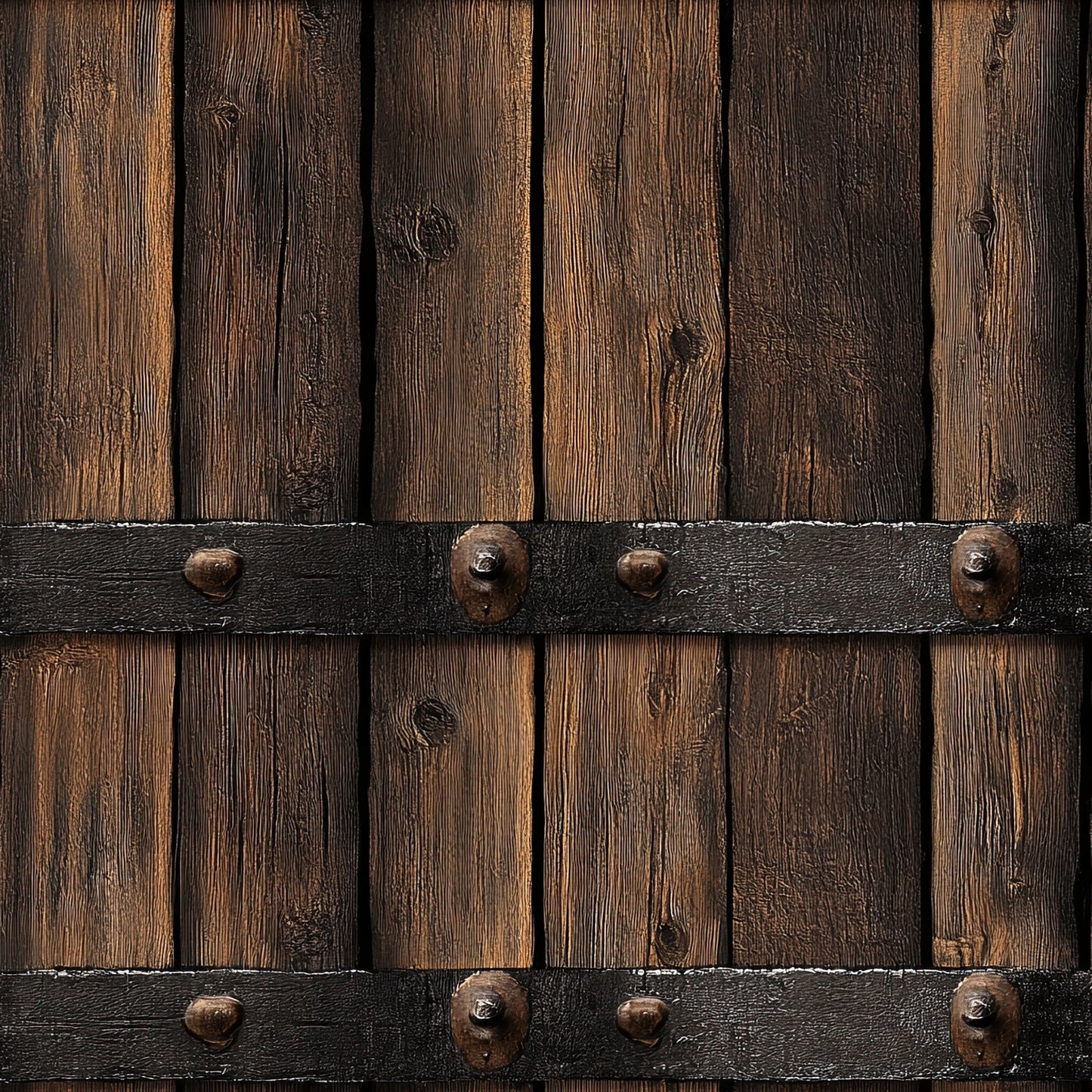 rustic wood, weathered planks, brown tones, dark brown, aged wood, vertical boards, metal straps, iron bands, rusty bolts, barn door, western style, countryside, farmhouse, quilting cotton, fabric panel, textured wood grain, distressed finish, rural theme, country living