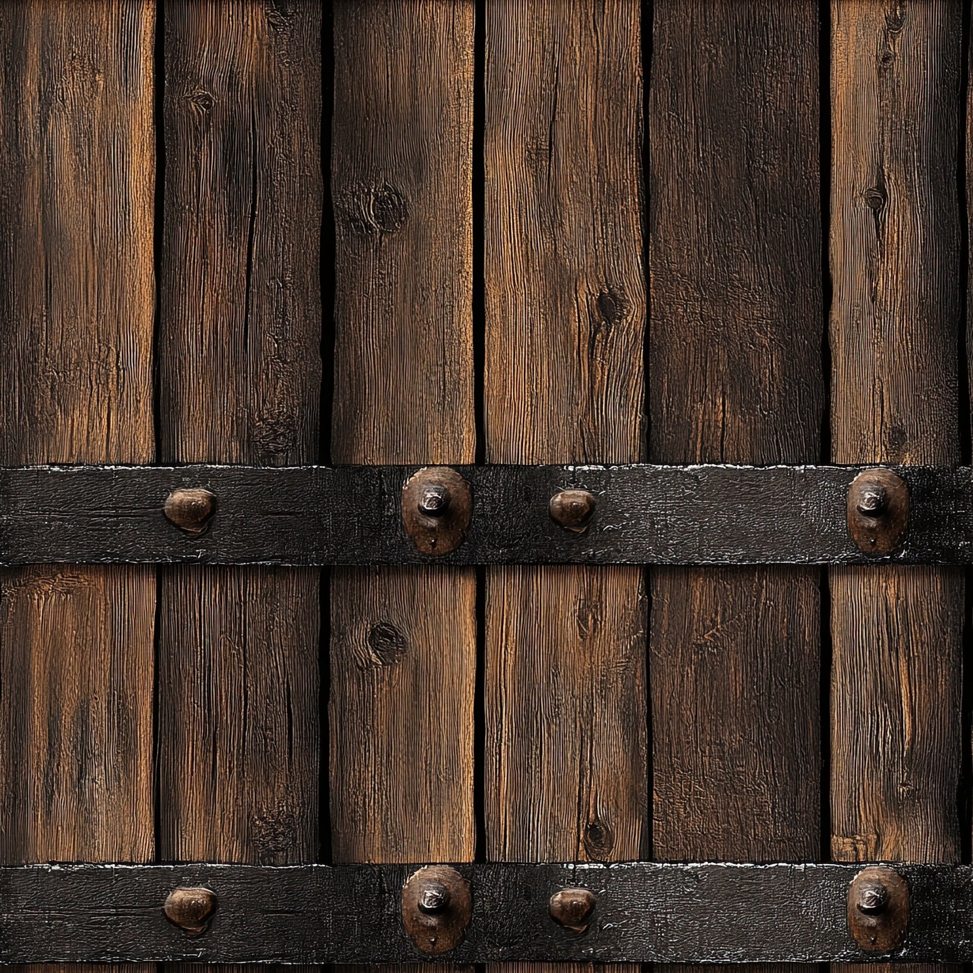 rustic wood, weathered planks, brown tones, dark brown, aged wood, vertical boards, metal straps, iron bands, rusty bolts, barn door, western style, countryside, farmhouse, quilting cotton, fabric panel, textured wood grain, distressed finish, rural theme, country living