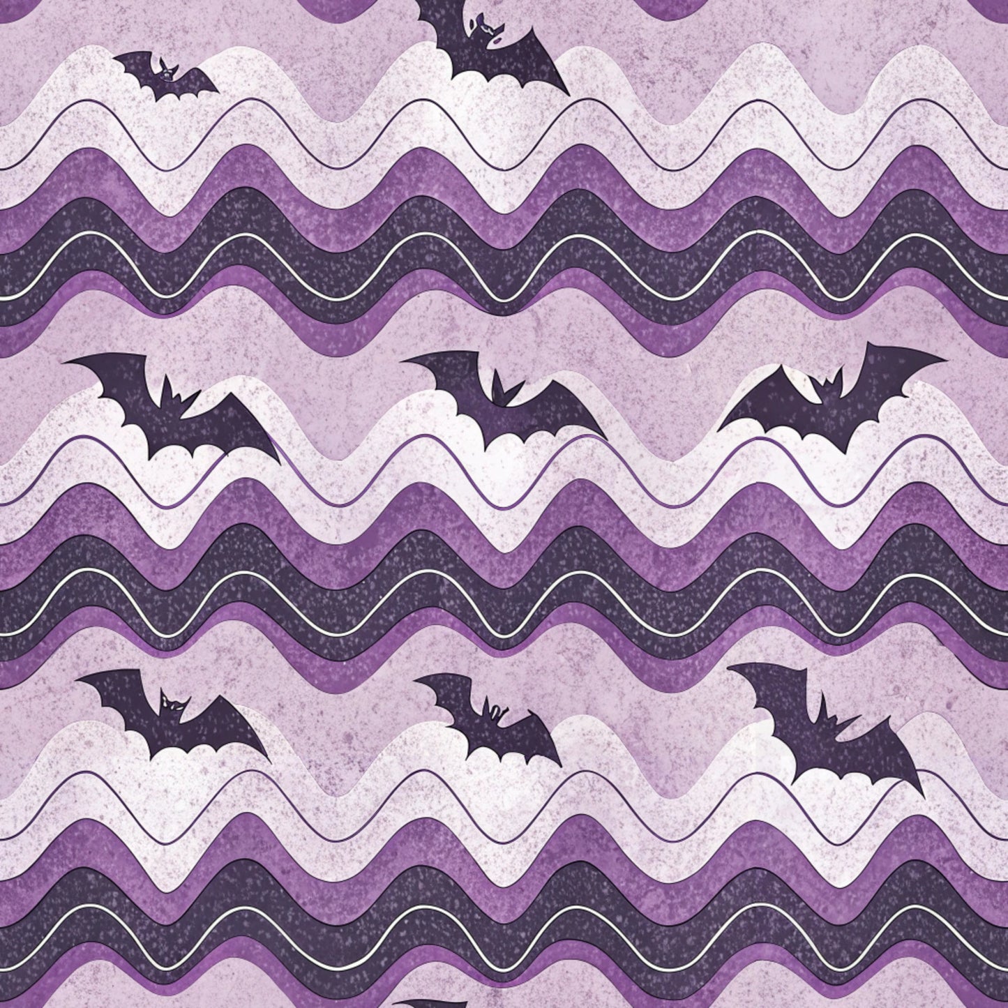 purple, lavender, dark purple, chevron pattern, wavy stripes, bats, halloween, spooky, retro style, vintage aesthetic, quilting cotton, fabric panel, seasonal, gothic, flying bats, zigzag design, textured appearance, halloween decor, craft fabric, purple tones
