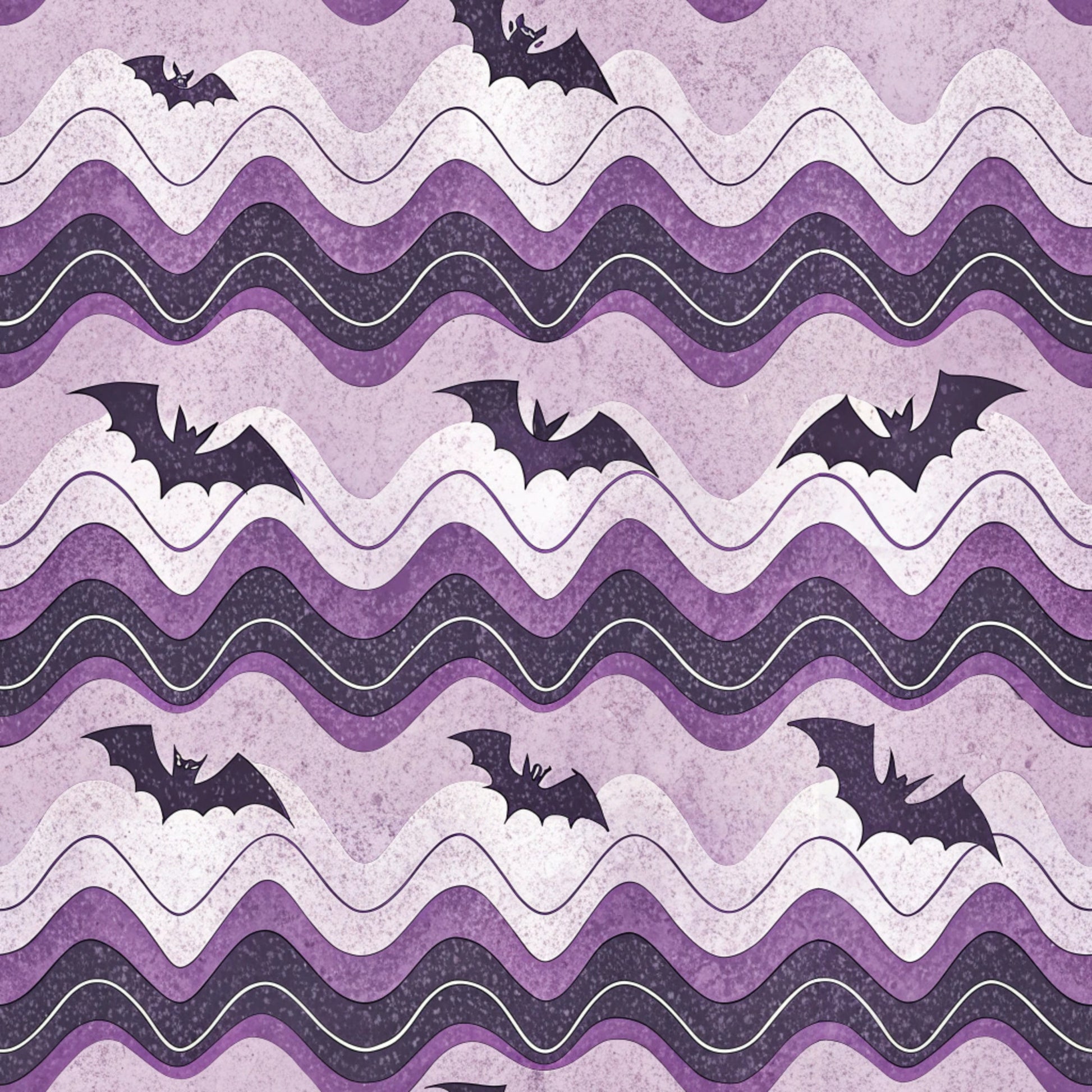 purple, lavender, dark purple, chevron pattern, wavy stripes, bats, halloween, spooky, retro style, vintage aesthetic, quilting cotton, fabric panel, seasonal, gothic, flying bats, zigzag design, textured appearance, halloween decor, craft fabric, purple tones
