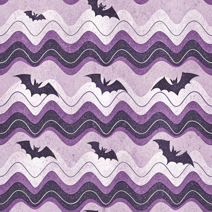 purple, lavender, dark purple, chevron pattern, wavy stripes, bats, halloween, spooky, retro style, vintage aesthetic, quilting cotton, fabric panel, seasonal, gothic, flying bats, zigzag design, textured appearance, halloween decor, craft fabric, purple tones