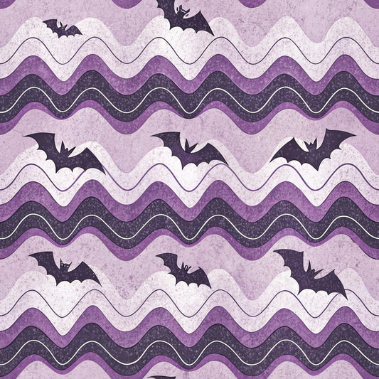 purple, lavender, dark purple, chevron pattern, wavy stripes, bats, halloween, spooky, retro style, vintage aesthetic, quilting cotton, fabric panel, seasonal, gothic, flying bats, zigzag design, textured appearance, halloween decor, craft fabric, purple tones
