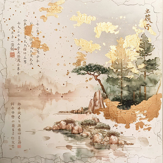 Asian Landscapes on Rice Paper Fabric Panel 2