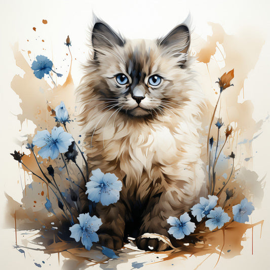 Watercolor Cats with Flowers Fabric Panel 16