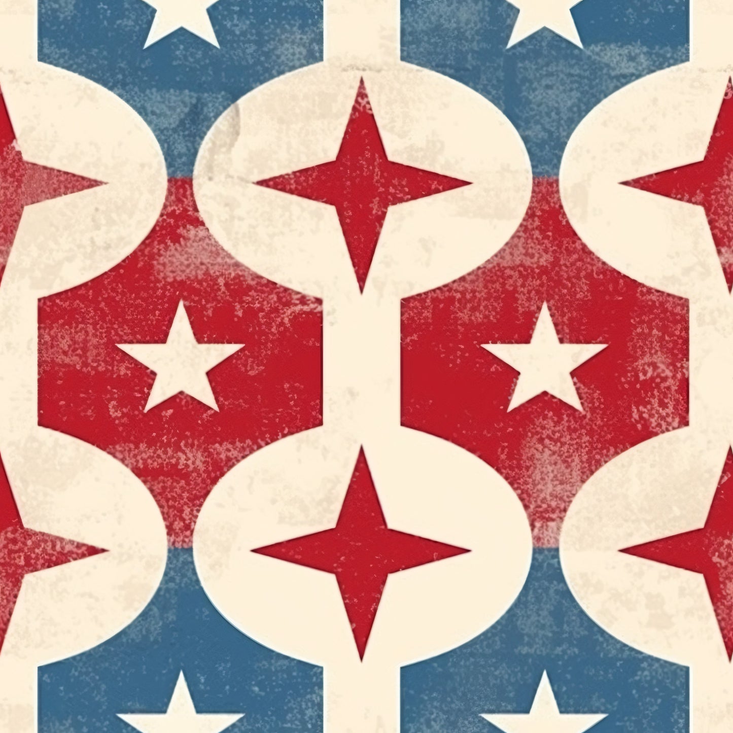 red, white, blue, patriotic, stars, diamond shapes, geometric pattern, distressed texture, vintage look, americana, quilting cotton, fabric panel, repeating motif, four-pointed stars, hexagonal shapes, weathered finish, circular elements, interconnected design, nostalgic feel