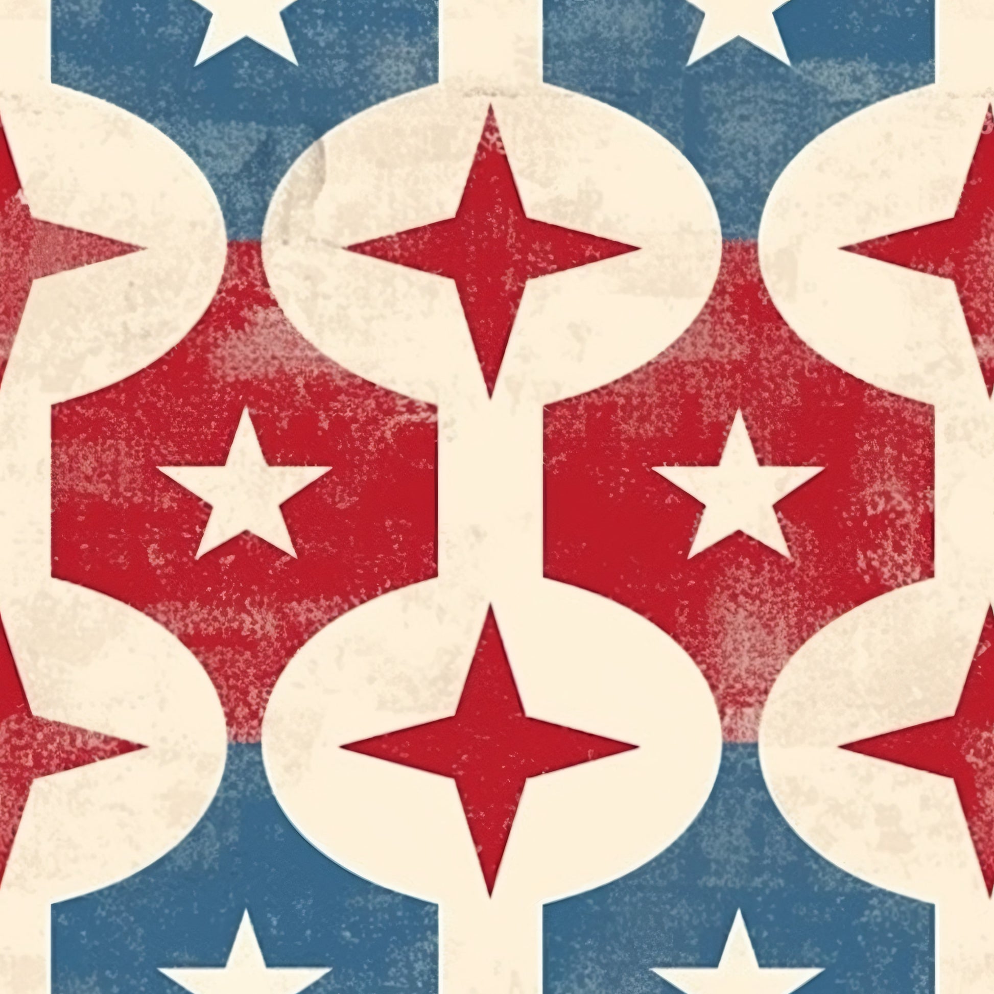 red, white, blue, patriotic, stars, diamond shapes, geometric pattern, distressed texture, vintage look, americana, quilting cotton, fabric panel, repeating motif, four-pointed stars, hexagonal shapes, weathered finish, circular elements, interconnected design, nostalgic feel