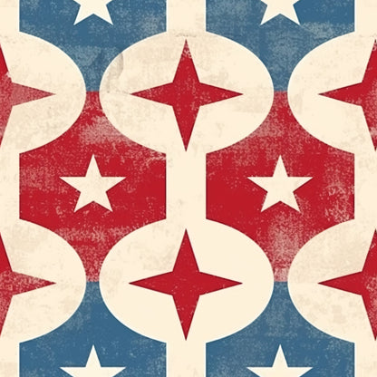 red, white, blue, patriotic, stars, diamond shapes, geometric pattern, distressed texture, vintage look, americana, quilting cotton, fabric panel, repeating motif, four-pointed stars, hexagonal shapes, weathered finish, circular elements, interconnected design, nostalgic feel