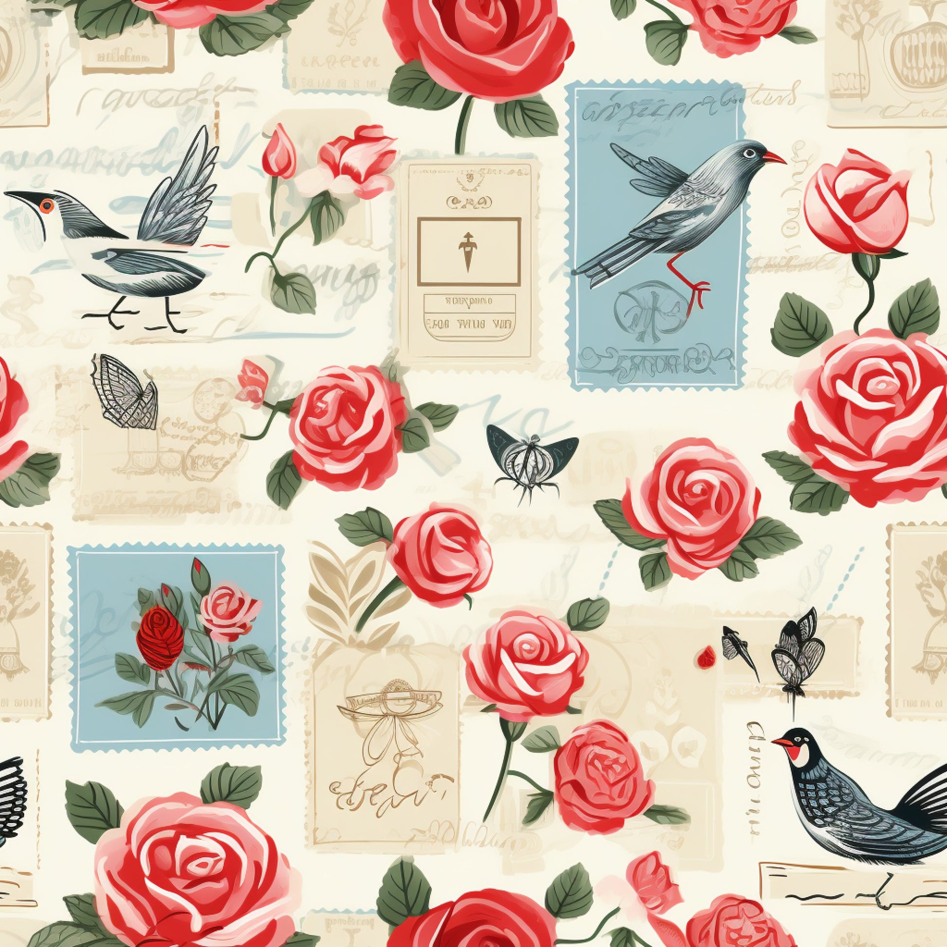 vintage stamps, coral roses, pink flowers, blue birds, black birds, cream background, postage stamps, floral pattern, botanical design, quilting cotton, fabric panel, romantic theme, nostalgic style, rose blooms, bird motifs, soft pastels, vintage aesthetic, repeating pattern, spring florals, postal theme