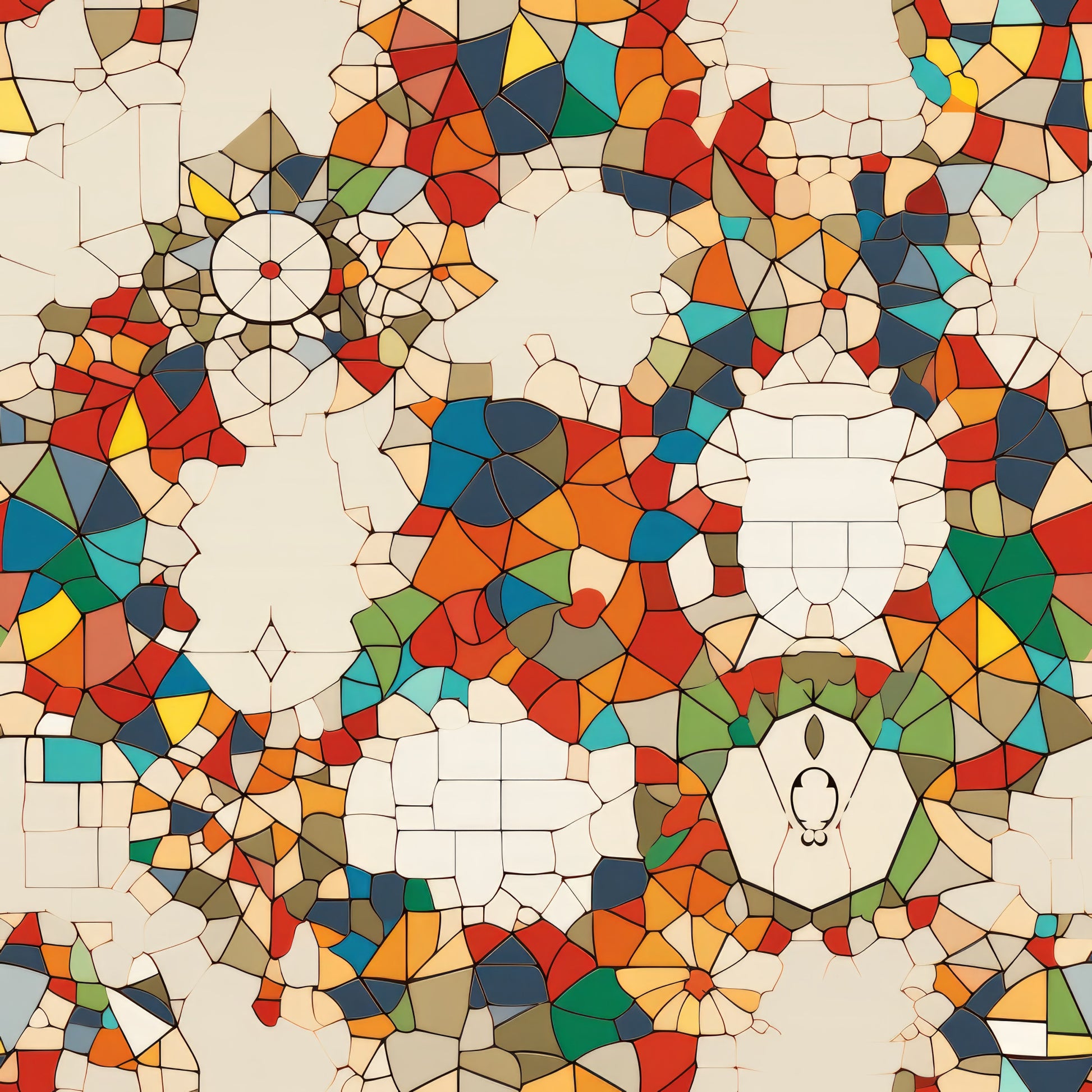 mosaic pattern, stained glass, geometric shapes, red, orange, blue, green, yellow, teal, navy, beige, cream, circular motifs, radial designs, triangular pieces, quilting cotton, fabric panel, kaleidoscope effect, vibrant colors, pieced design, contemporary art, abstract pattern