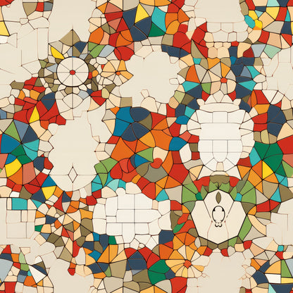 mosaic pattern, stained glass, geometric shapes, red, orange, blue, green, yellow, teal, navy, beige, cream, circular motifs, radial designs, triangular pieces, quilting cotton, fabric panel, kaleidoscope effect, vibrant colors, pieced design, contemporary art, abstract pattern