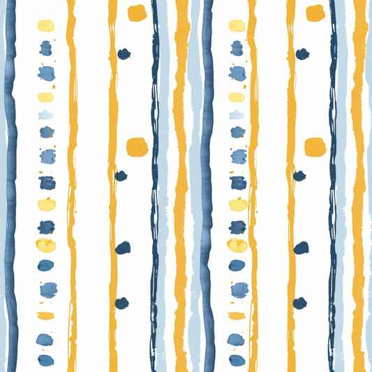 watercolor stripes, mustard yellow, navy blue, light blue, vertical lines, abstract brushstrokes, hand painted, organic dots, flowing bands, quilting cotton, fabric panel, watercolor effect, irregular stripes, artistic design, contemporary pattern, soft wash, painterly style, modern aesthetic