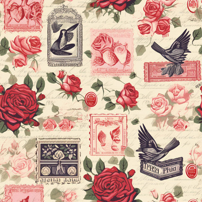 vintage stamps, roses, birds, pink, red, cream, beige, black, romantic pattern, floral motifs, postage stamps, hummingbird, flying birds, rose blooms, quilting cotton, fabric panel, shabby chic, antique style, postal theme, botanical elements