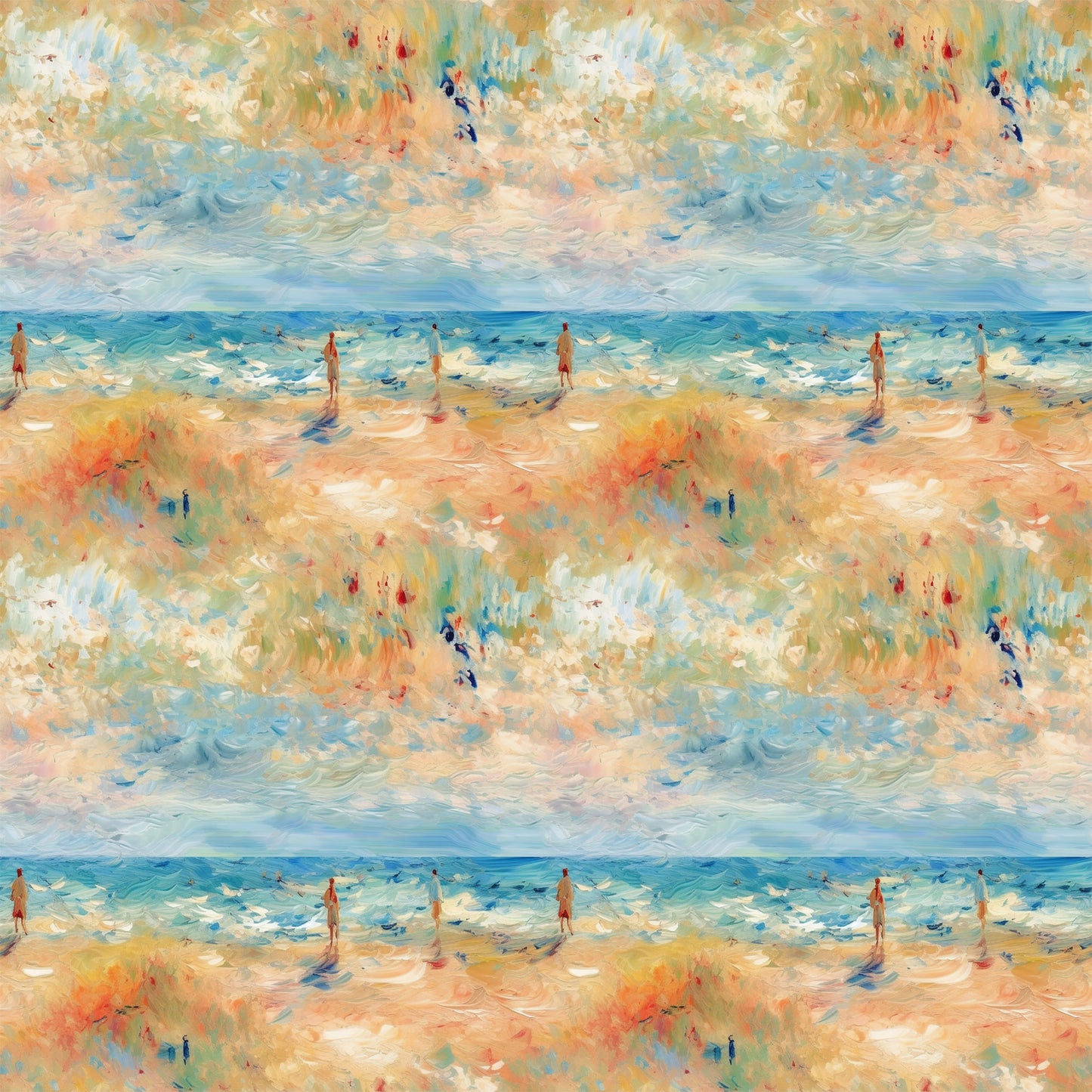 impressionist style, beach scene, ocean waves, sandy shore, human figures, soft brushstrokes, blue tones, peach colors, golden hues, aqua shades, coral tones, painterly effect, seaside landscape, summer mood, artistic pattern, quilting cotton, fabric panel, watercolor effect, coastal theme, repeating motif