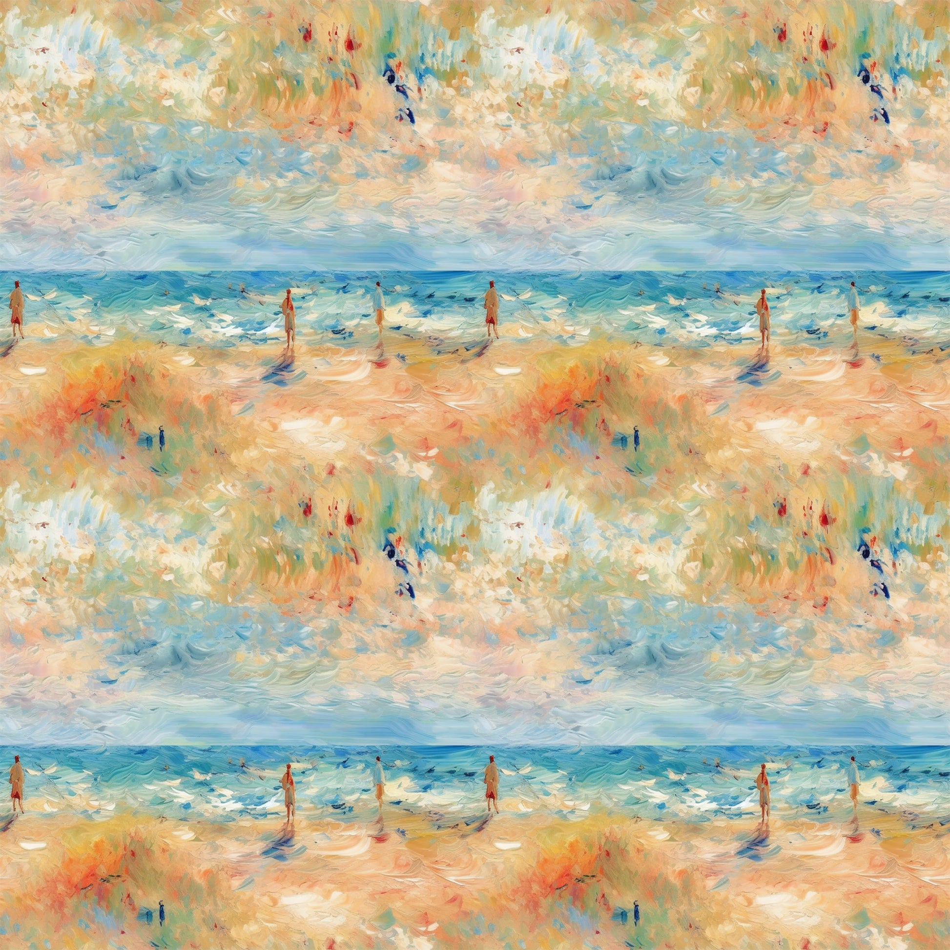 impressionist style, beach scene, ocean waves, sandy shore, human figures, soft brushstrokes, blue tones, peach colors, golden hues, aqua shades, coral tones, painterly effect, seaside landscape, summer mood, artistic pattern, quilting cotton, fabric panel, watercolor effect, coastal theme, repeating motif