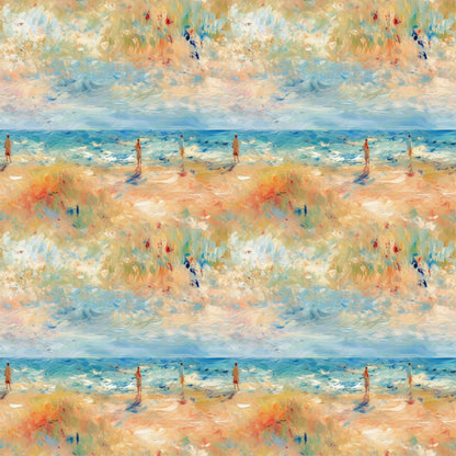 impressionist style, beach scene, ocean waves, sandy shore, human figures, soft brushstrokes, blue tones, peach colors, golden hues, aqua shades, coral tones, painterly effect, seaside landscape, summer mood, artistic pattern, quilting cotton, fabric panel, watercolor effect, coastal theme, repeating motif