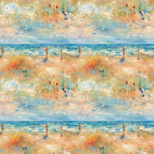 impressionist style, beach scene, ocean waves, sandy shore, human figures, soft brushstrokes, blue tones, peach colors, golden hues, aqua shades, coral tones, painterly effect, seaside landscape, summer mood, artistic pattern, quilting cotton, fabric panel, watercolor effect, coastal theme, repeating motif