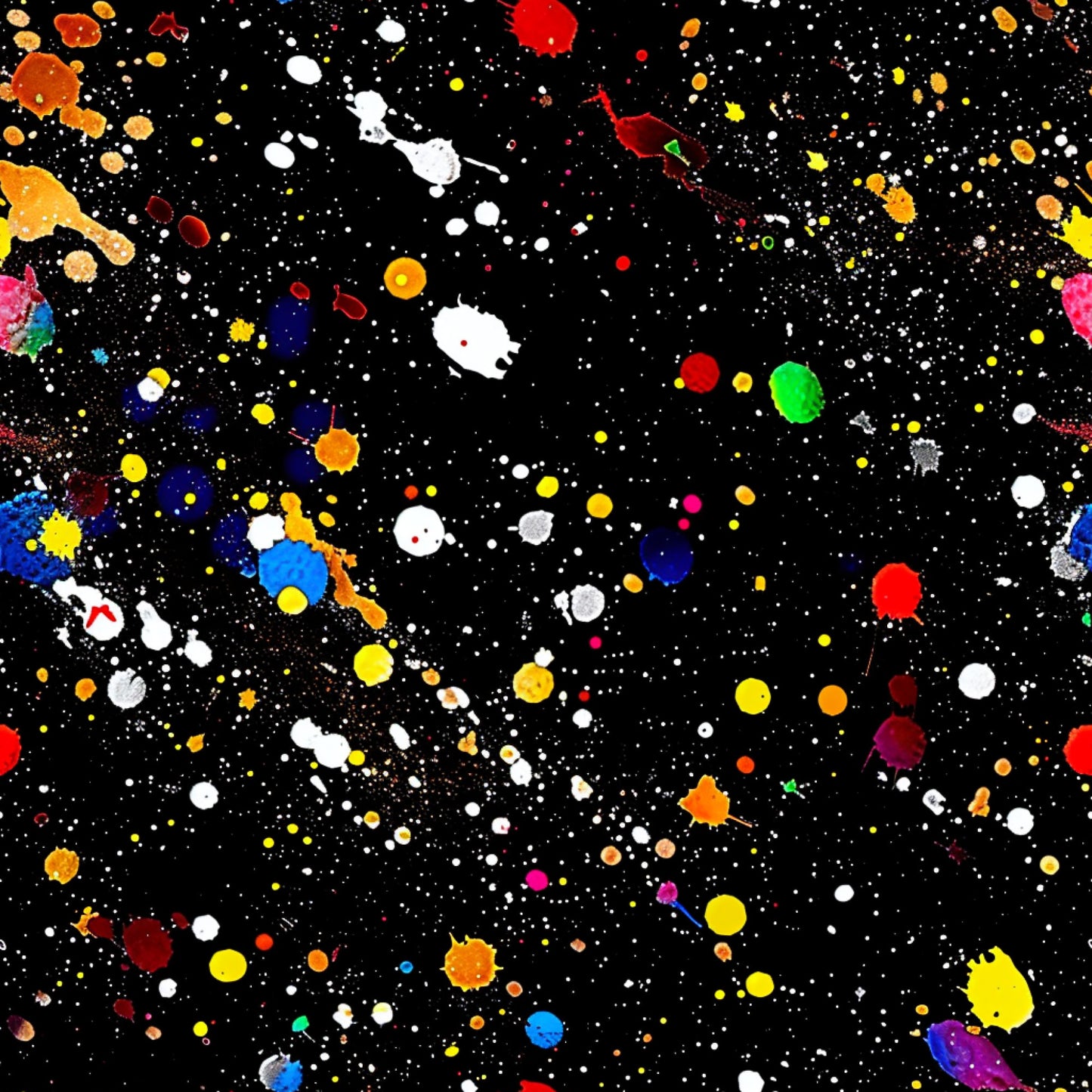 paint splatter, abstract pattern, black background, multicolored dots, vibrant colors, red splashes, blue spots, yellow drops, white paint, green accents, orange splatters, purple dots, pink drops, glitter effect, artistic design, contemporary style, quilting cotton, fabric panel, modern pattern, colorful explosion