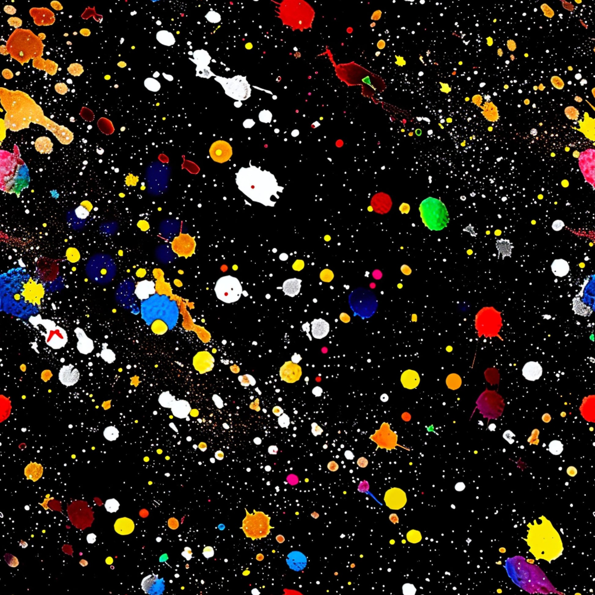 paint splatter, abstract pattern, black background, multicolored dots, vibrant colors, red splashes, blue spots, yellow drops, white paint, green accents, orange splatters, purple dots, pink drops, glitter effect, artistic design, contemporary style, quilting cotton, fabric panel, modern pattern, colorful explosion