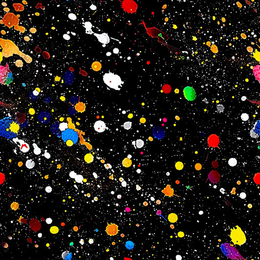 paint splatter, abstract pattern, black background, multicolored dots, vibrant colors, red splashes, blue spots, yellow drops, white paint, green accents, orange splatters, purple dots, pink drops, glitter effect, artistic design, contemporary style, quilting cotton, fabric panel, modern pattern, colorful explosion