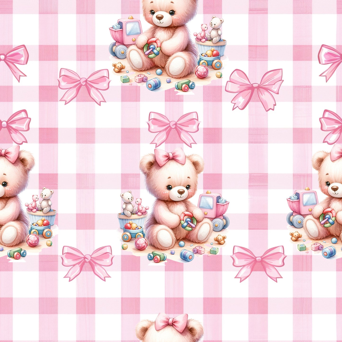 pink, baby bears, teddy bears, gingham background, checkered pattern, pink bows, toy trains, building blocks, stuffed animals, nursery theme, quilting cotton, fabric panel, pastel colors, cute bears, children's fabric, baby quilt, soft pink, repeating pattern, playful design, infant theme