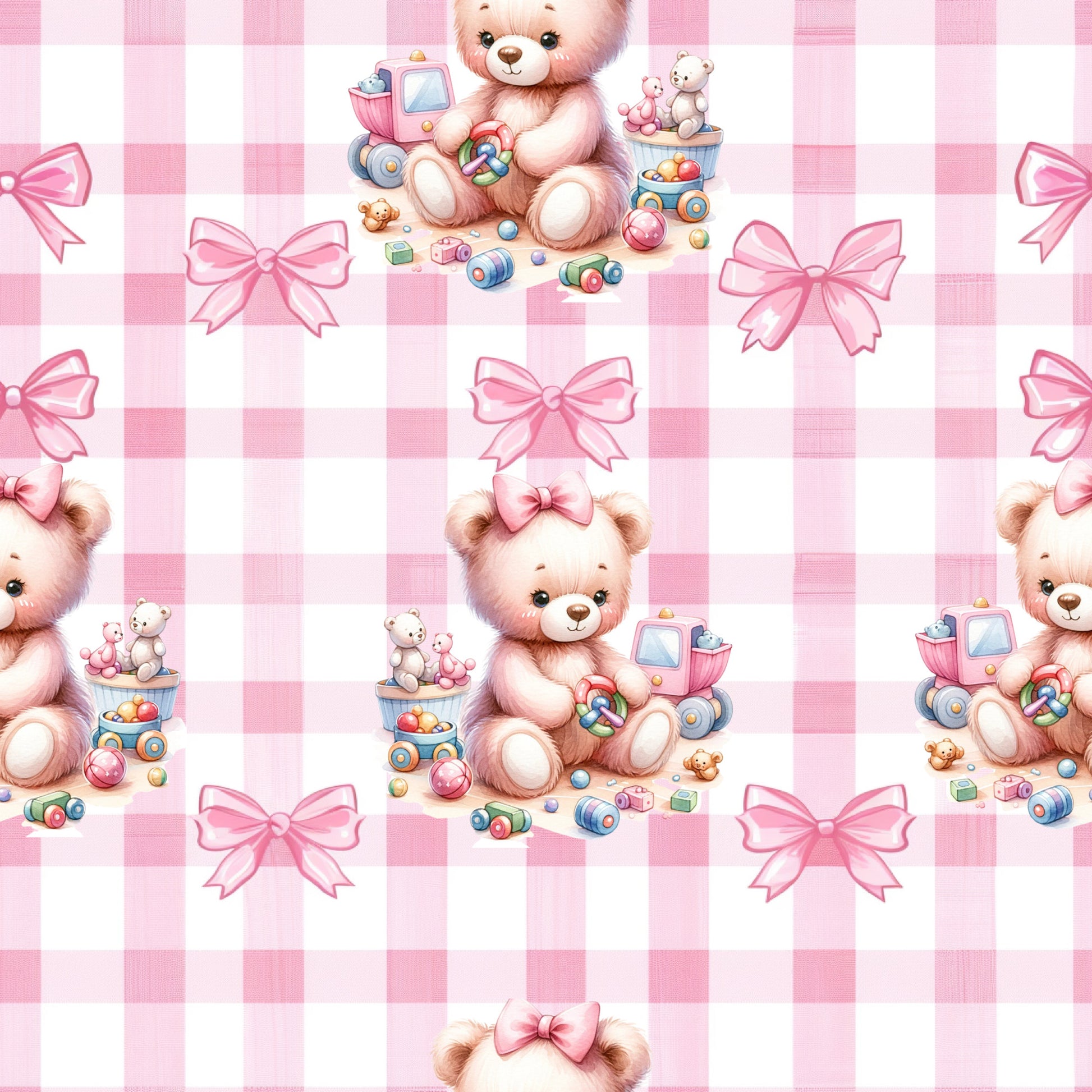 pink, baby bears, teddy bears, gingham background, checkered pattern, pink bows, toy trains, building blocks, stuffed animals, nursery theme, quilting cotton, fabric panel, pastel colors, cute bears, children's fabric, baby quilt, soft pink, repeating pattern, playful design, infant theme
