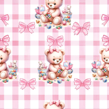 pink, baby bears, teddy bears, gingham background, checkered pattern, pink bows, toy trains, building blocks, stuffed animals, nursery theme, quilting cotton, fabric panel, pastel colors, cute bears, children's fabric, baby quilt, soft pink, repeating pattern, playful design, infant theme