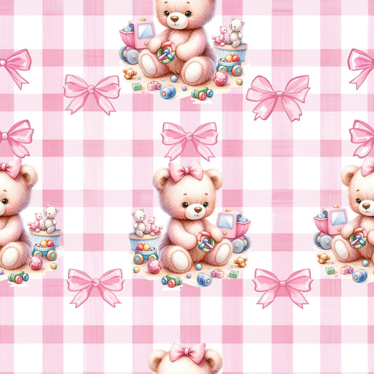 pink, baby bears, teddy bears, gingham background, checkered pattern, pink bows, toy trains, building blocks, stuffed animals, nursery theme, quilting cotton, fabric panel, pastel colors, cute bears, children's fabric, baby quilt, soft pink, repeating pattern, playful design, infant theme