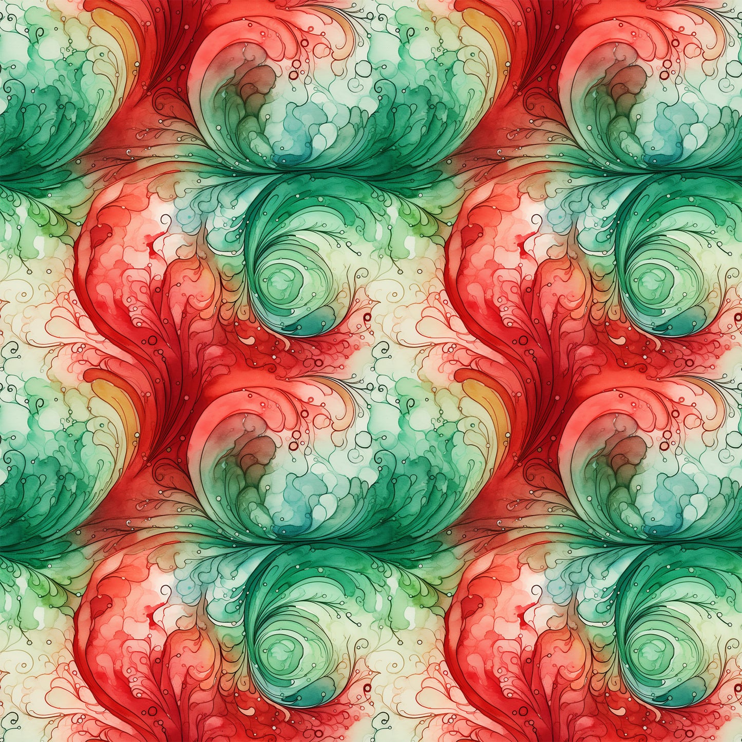 watercolor, christmas swirls, red, green, coral, teal, mint green, cream, ivory, flowing swirls, organic patterns, fluid design, repeating motifs, decorative scrolls, holiday fabric, quilting cotton, fabric panel, seamless pattern, festive colors, watercolor effect, botanical swirls, artistic design, soft blending, christmas crafting