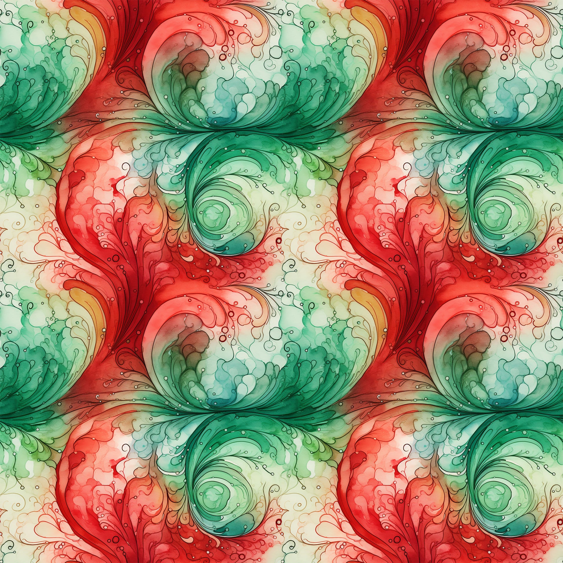 watercolor, christmas swirls, red, green, coral, teal, mint green, cream, ivory, flowing swirls, organic patterns, fluid design, repeating motifs, decorative scrolls, holiday fabric, quilting cotton, fabric panel, seamless pattern, festive colors, watercolor effect, botanical swirls, artistic design, soft blending, christmas crafting
