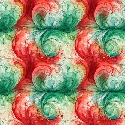 watercolor, christmas swirls, red, green, coral, teal, mint green, cream, ivory, flowing swirls, organic patterns, fluid design, repeating motifs, decorative scrolls, holiday fabric, quilting cotton, fabric panel, seamless pattern, festive colors, watercolor effect, botanical swirls, artistic design, soft blending, christmas crafting