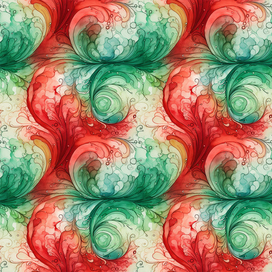 watercolor, christmas swirls, red, green, coral, teal, mint green, cream, ivory, flowing swirls, organic patterns, fluid design, repeating motifs, decorative scrolls, holiday fabric, quilting cotton, fabric panel, seamless pattern, festive colors, watercolor effect, botanical swirls, artistic design, soft blending, christmas crafting