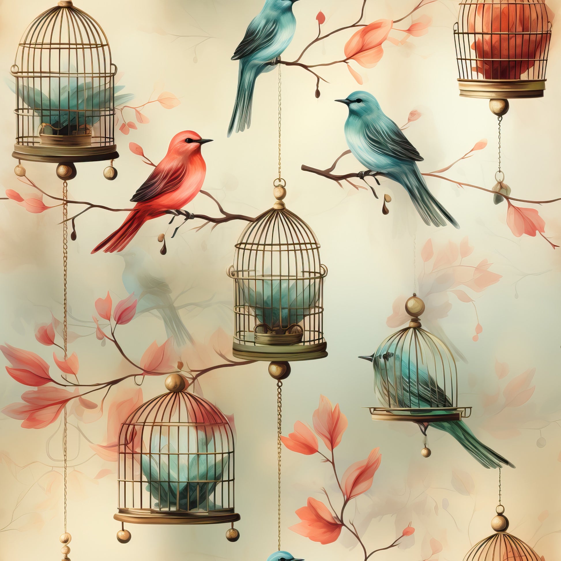 vintage birdcages, quilting cotton, fabric panel, songbirds, coral pink, teal blue, watercolor style, hanging cages, ornate birdcages, delicate branches, autumn leaves, whimsical birds, soft pastels, romantic illustration, decorative chains, nature motif, victorian inspired, cottage core, gentle colors, artistic rendering