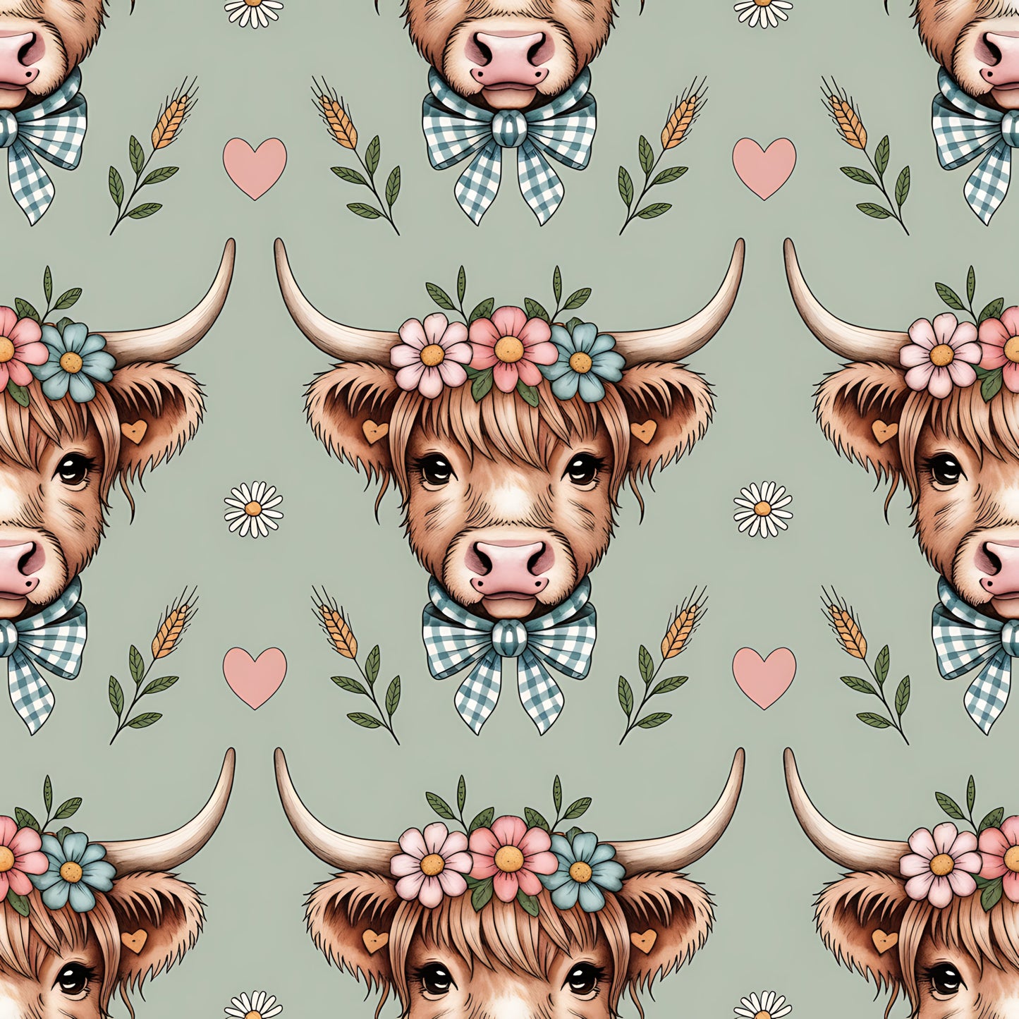 Highland Cow Heads Pattern 12 Quilting Cotton Fabric