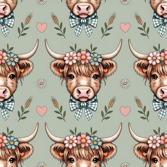 Highland Cow Heads Pattern 12 Quilting Cotton Fabric