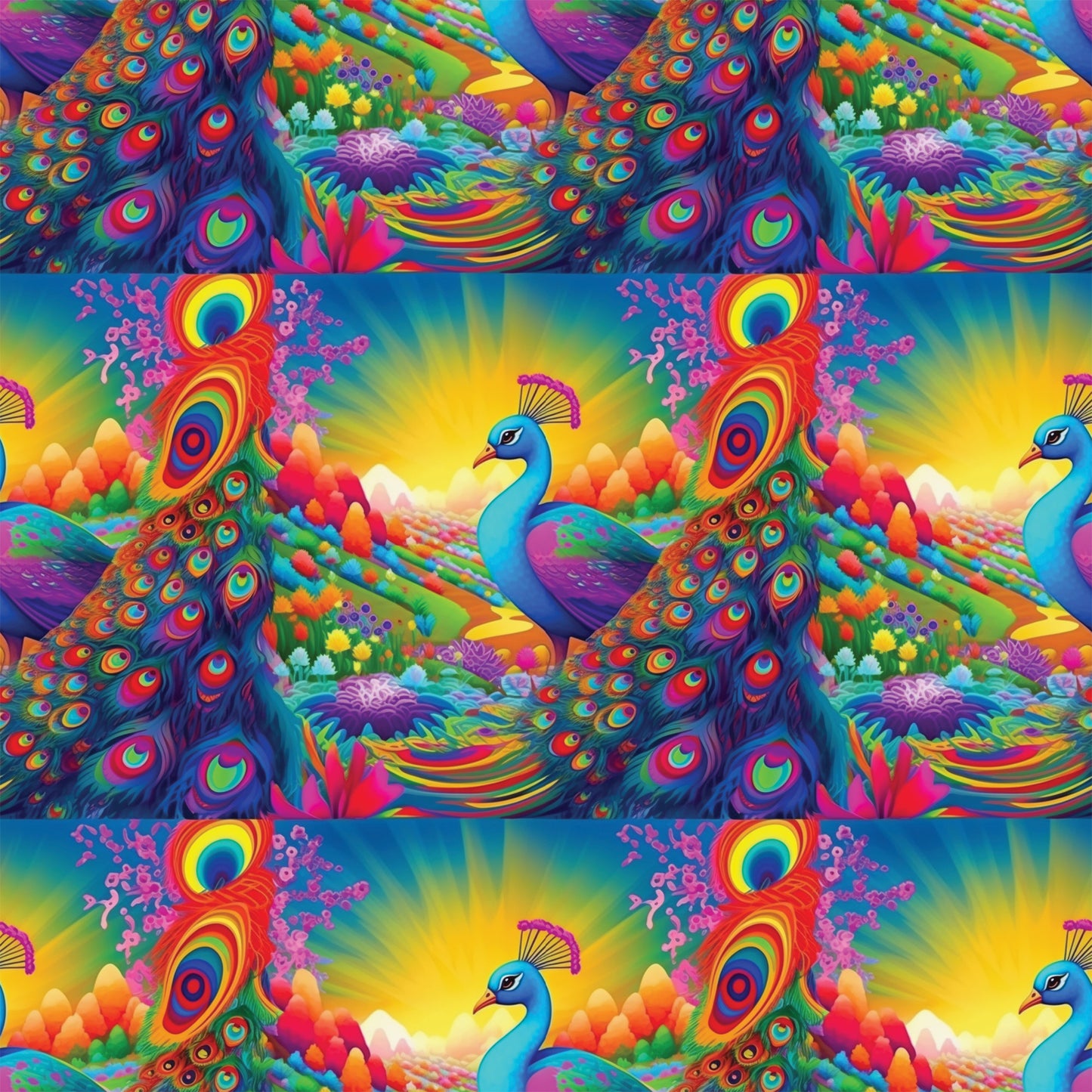 peacock feathers, vibrant rainbow colors, tropical birds, coral reef, underwater scene, psychedelic art style, turquoise blue, hot pink, electric orange, lime green, purple accents, quilting cotton, fabric panel, exotic animals, ocean life, fantasy landscape, neon bright colors, repeating pattern, whimsical design, tropical paradise