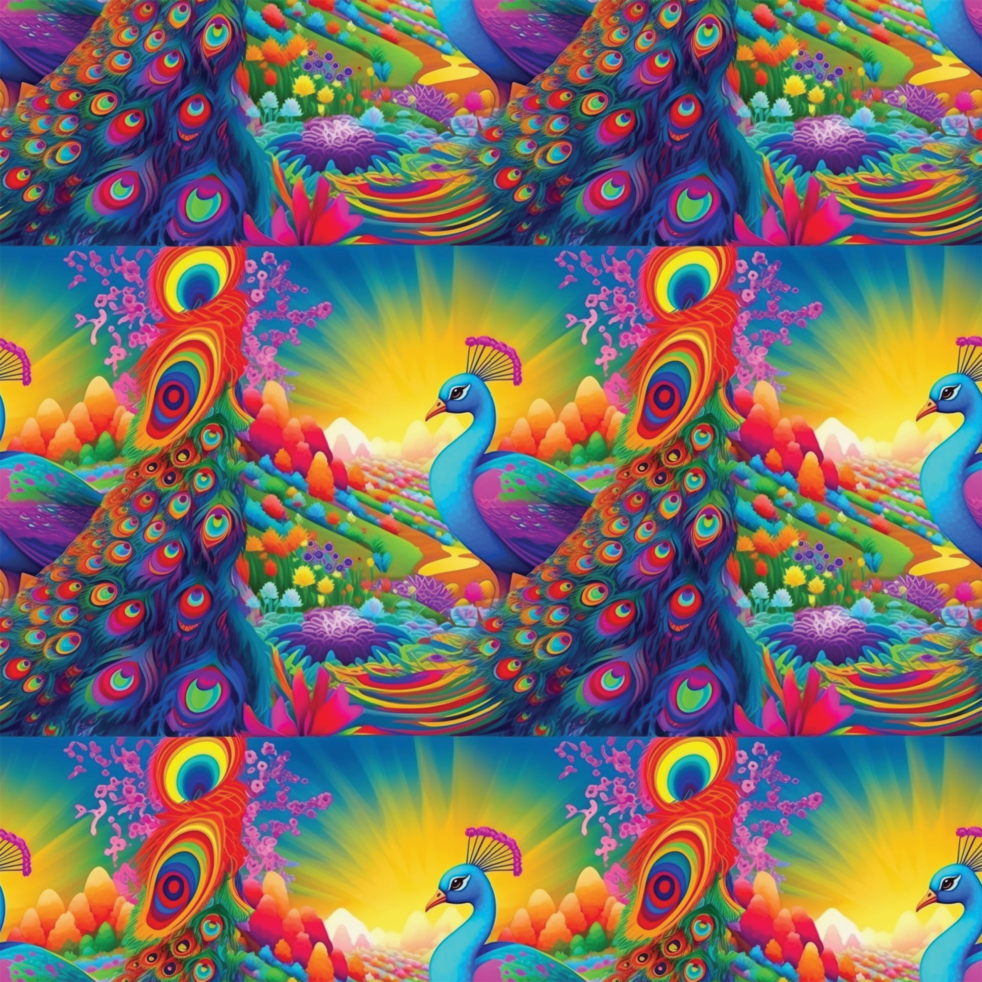peacock feathers, vibrant rainbow colors, tropical birds, coral reef, underwater scene, psychedelic art style, turquoise blue, hot pink, electric orange, lime green, purple accents, quilting cotton, fabric panel, exotic animals, ocean life, fantasy landscape, neon bright colors, repeating pattern, whimsical design, tropical paradise