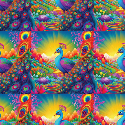 peacock feathers, vibrant rainbow colors, tropical birds, coral reef, underwater scene, psychedelic art style, turquoise blue, hot pink, electric orange, lime green, purple accents, quilting cotton, fabric panel, exotic animals, ocean life, fantasy landscape, neon bright colors, repeating pattern, whimsical design, tropical paradise