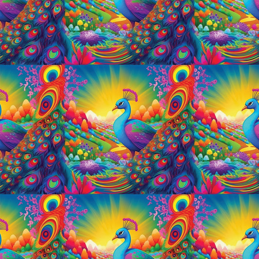 peacock feathers, vibrant rainbow colors, tropical birds, coral reef, underwater scene, psychedelic art style, turquoise blue, hot pink, electric orange, lime green, purple accents, quilting cotton, fabric panel, exotic animals, ocean life, fantasy landscape, neon bright colors, repeating pattern, whimsical design, tropical paradise