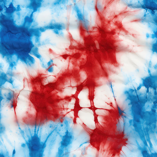patriotic tie-dye, red white blue, watercolor effect, abstract pattern, cotton fabric, quilting panel, fluid design, marbled texture, patriotic theme, tie-dye swirls, flowing colors, fabric art, red streaks, blue washes, white background, organic shapes, dye bleeding, textile design, americana colors