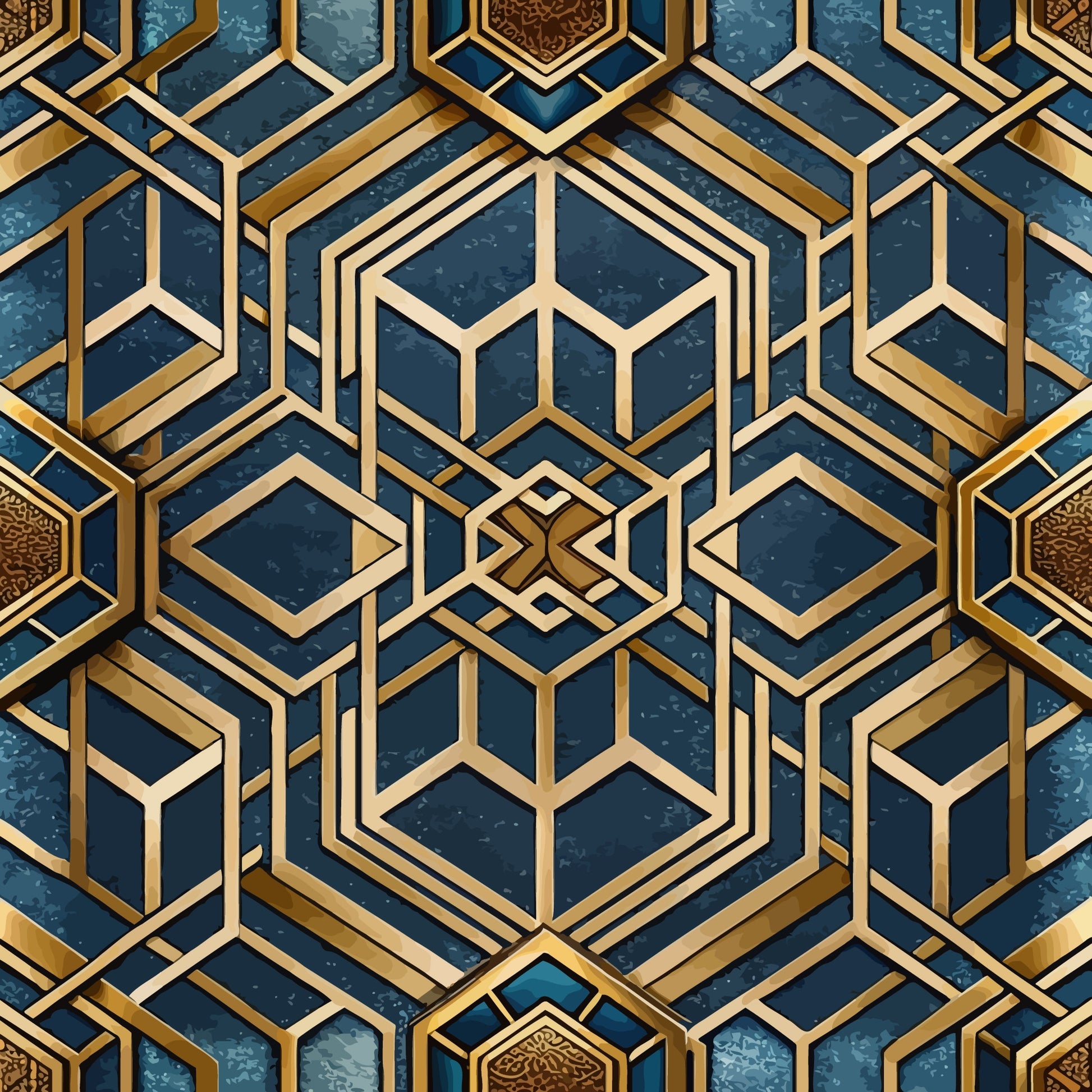 art deco, geometric pattern, hexagonal design, navy blue, deep blue, gold metallic, brass accents, three-dimensional, layered hexagons, modern geometric, sophisticated pattern, quilting cotton, fabric panel, luxury aesthetic, angular shapes, repeating motif, dimensional effect, contemporary design, structured geometry, elegant motifs