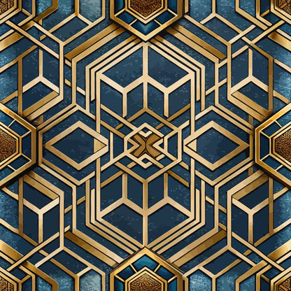 art deco, geometric pattern, hexagonal design, navy blue, deep blue, gold metallic, brass accents, three-dimensional, layered hexagons, modern geometric, sophisticated pattern, quilting cotton, fabric panel, luxury aesthetic, angular shapes, repeating motif, dimensional effect, contemporary design, structured geometry, elegant motifs