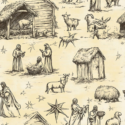 Daily Deal: Vintage Nativity Scenes Pattern 19 Quilting Cotton Fabric - 118" x 1 Yard"