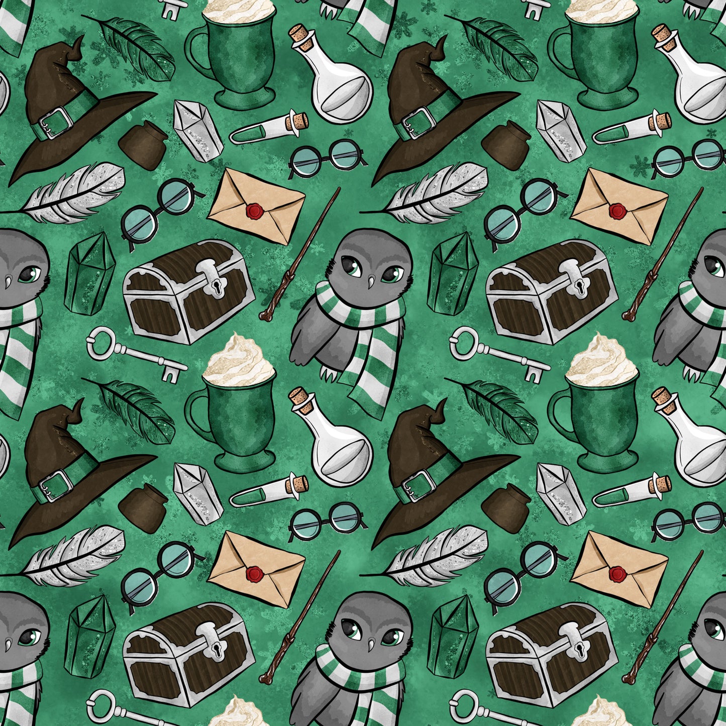 emerald green, forest green, wizard pattern, magic school, owl characters, witch hats, potion bottles, treasure chests, feathers, spectacles, lanterns, wands, letters, keys, quilting cotton, repeating pattern, whimsical design, fantasy theme, magical elements, cute owls, striped scarves