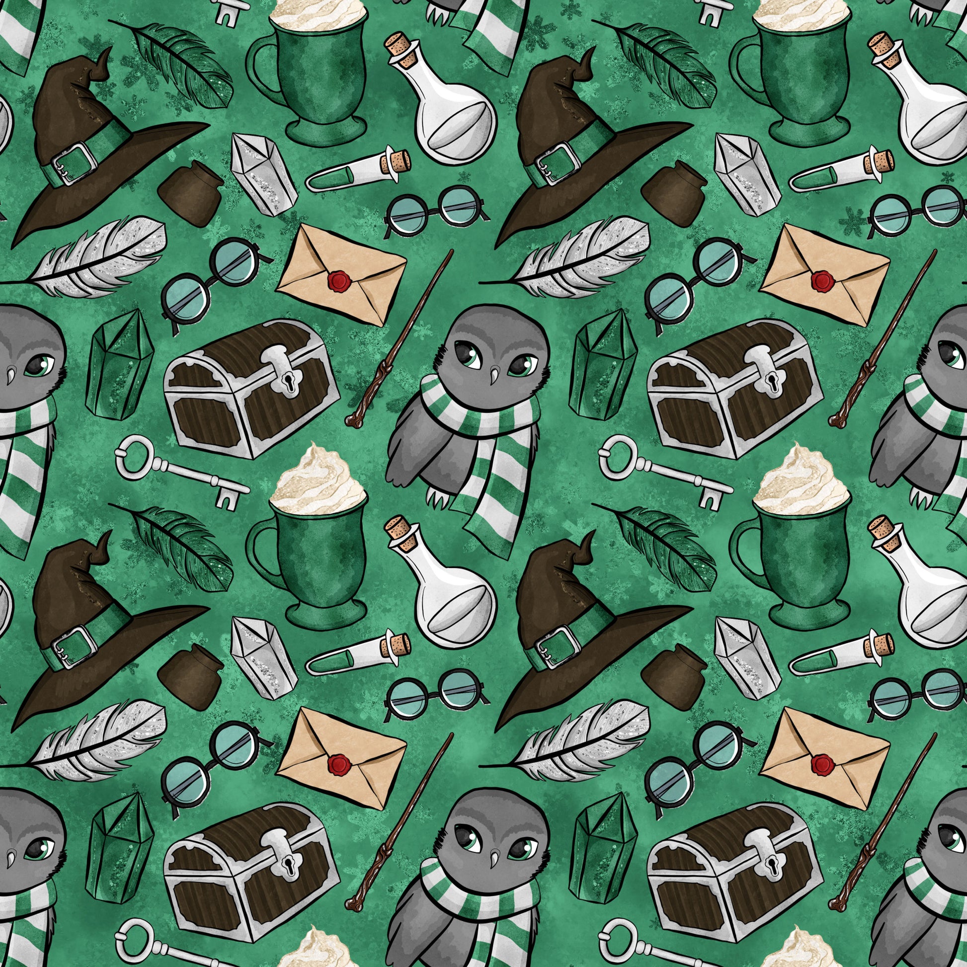emerald green, forest green, wizard pattern, magic school, owl characters, witch hats, potion bottles, treasure chests, feathers, spectacles, lanterns, wands, letters, keys, quilting cotton, repeating pattern, whimsical design, fantasy theme, magical elements, cute owls, striped scarves