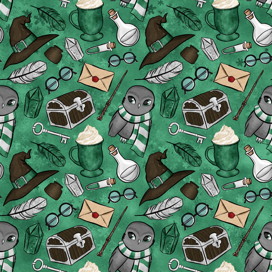 emerald green, forest green, wizard pattern, magic school, owl characters, witch hats, potion bottles, treasure chests, feathers, spectacles, lanterns, wands, letters, keys, quilting cotton, repeating pattern, whimsical design, fantasy theme, magical elements, cute owls, striped scarves
